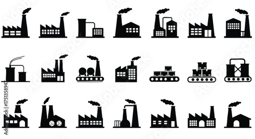 Industrial Factory Buildings Silhouette Vector Icons