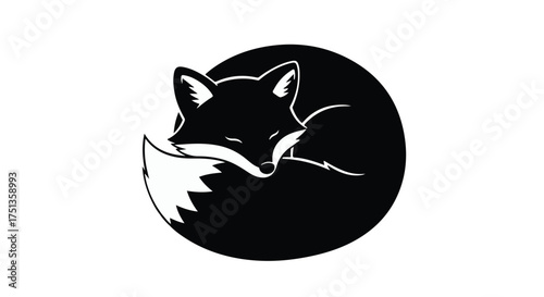 Peaceful black fox curled up sleeping in a circle, serene nature symbol