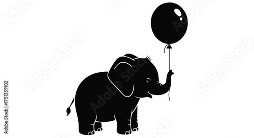 Joyful baby elephant holding a black balloon with its trunk on a white background
