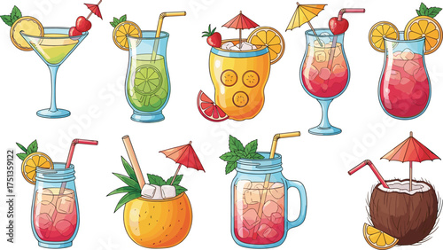 Tropical drink illustration, summer cocktail vector, fruity beverages, beach party clipart, colorful drink icons, refreshing mixology design, vacation vibes