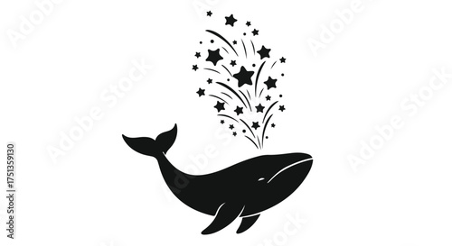 Whimsical whale spouting a magical burst of stars against a white background.