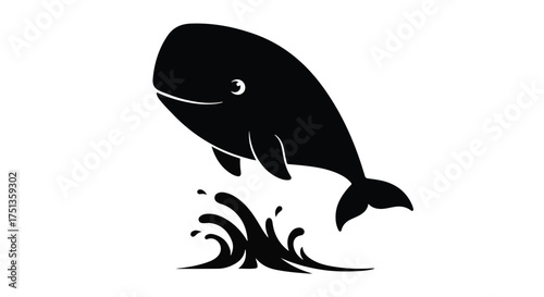 Playful black whale illustration breaching water with joyful expression