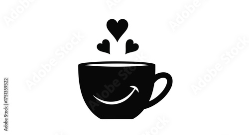 Cozy coffee cup with happy face and hearts symbolizes warmth and love