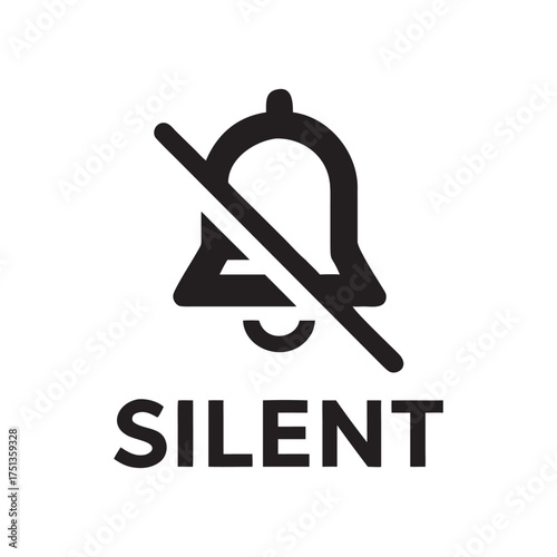 Silent mode notification bell icon with slash symbol and text overlay vector