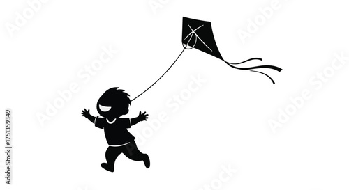 Joyful child running and flying a kite on a bright day