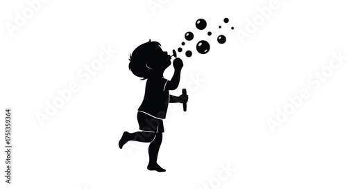 Joyful child blowing bubbles on a bright day, silhouette in motion