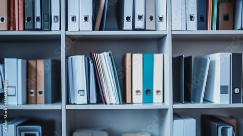Shelves filled with colorful ring binders and files in an office setting.