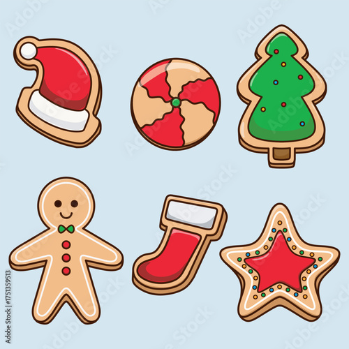 Cute gingerbread cookies set Christmas vector. Holiday sugar cookie icons isolated on soft blue background. Cartoon vector illustration. Gingerbread christmas tree, star, man, etc.