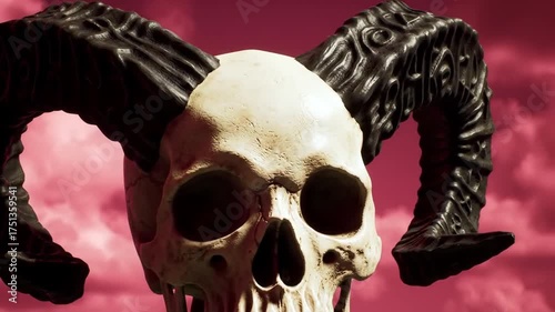 Skull with ornate horns against a pink background