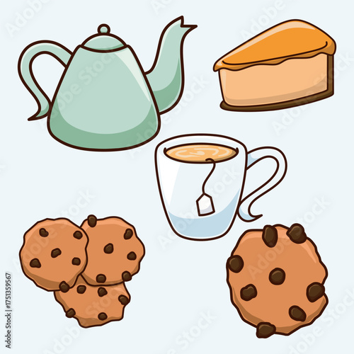 Cute winter food vector set. Illustration of cookies, tea, and a slice of pie.