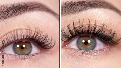 Close-up comparison showcasing the transformative effect of eyelash extensions on a person's eyes, highlighting the difference between natural and enhanced lashes