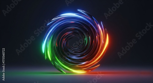  a digital art depiction of a swirling vortex of light. It features a colorful, mirrored tunnel of neon circles. The abstract design creates a sense of motion and depth. 