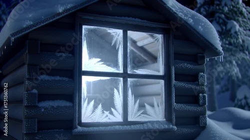 Snowy log cabin at night with frost on the window
