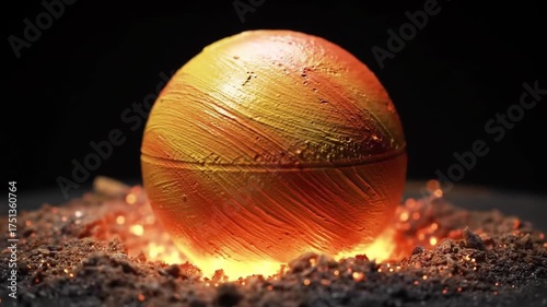 A vibrant, spherical object, painted with fiery hues of orange and yellow, rests on a bed of glowing embers, creating a dramatic and visually arresting image.  