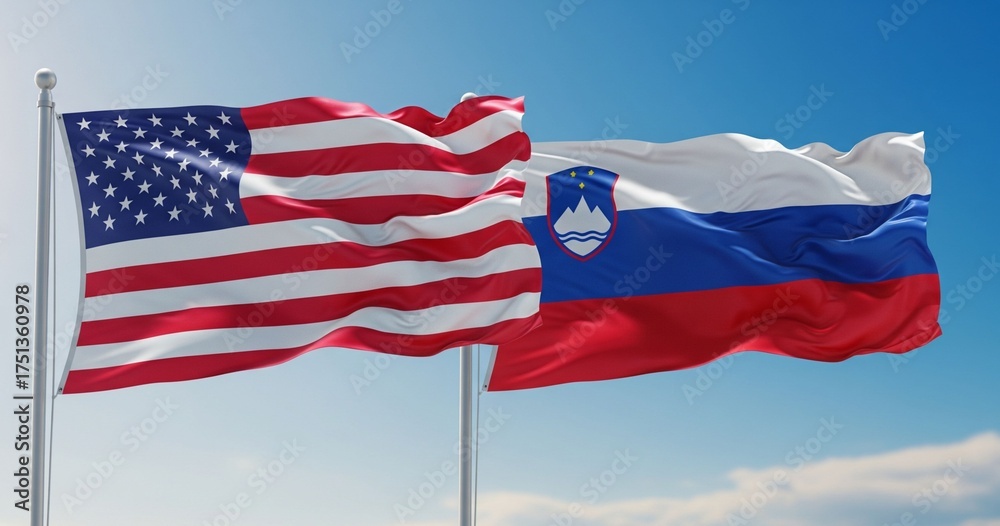 Obraz premium flags of the United States and Slovenia waving side-by-side. 
