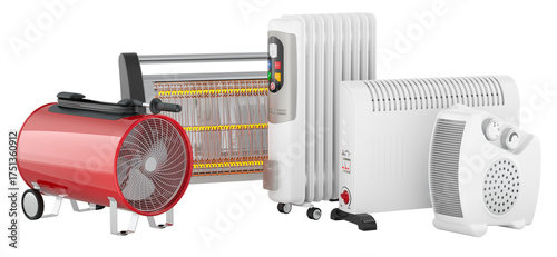 Set of different electric heaters including fan heater, infrared heater, oil radiator, convector and heat gun. 3D rendering