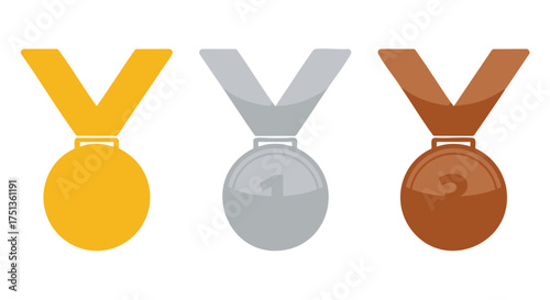 Flat vector illustration of gold, silver, and bronze award medals, representing first, second, and third place achievement. These symbols signify victory, success, and recognition in competitions
