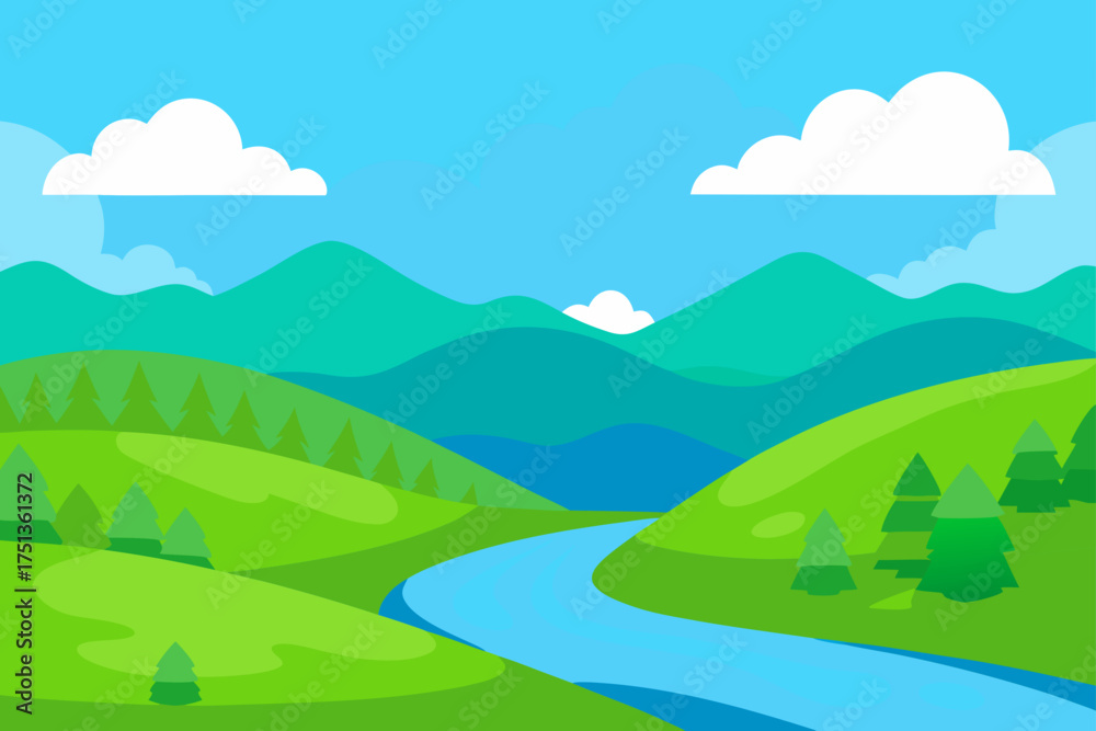 Fototapeta premium Cartoon landscape with river hills and clouds view