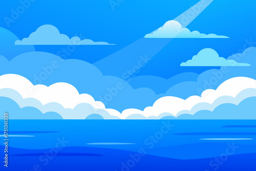 Cartoon ocean scene with clouds and sunlight beams