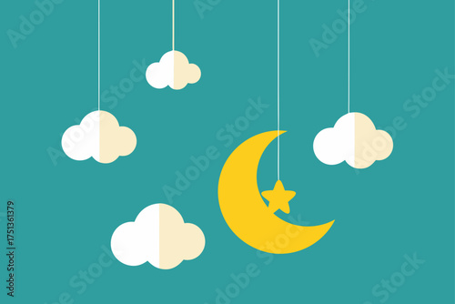 Clouds and moon hanging on strings in the night sky