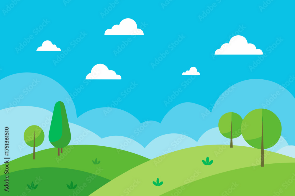 Fototapeta premium Cartoon landscape with hills trees and clouds view