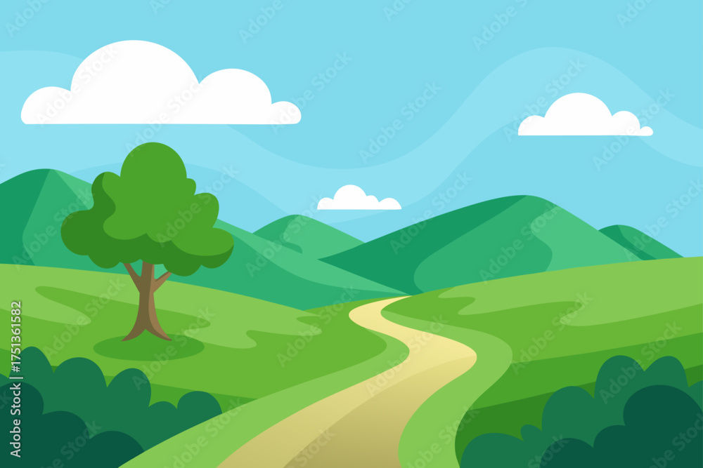 Obraz premium Landscape with winding path tree hills and clouds