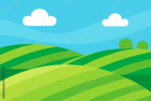 Cartoon landscape with rolling hills and two clouds