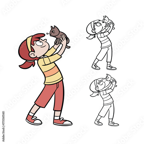 Joyful girl holding a cat companion in a playful cartoon style isolated on transparent background