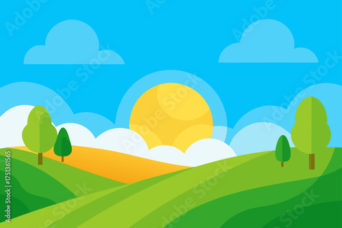 Cartoon landscape with hills sun and some clouds