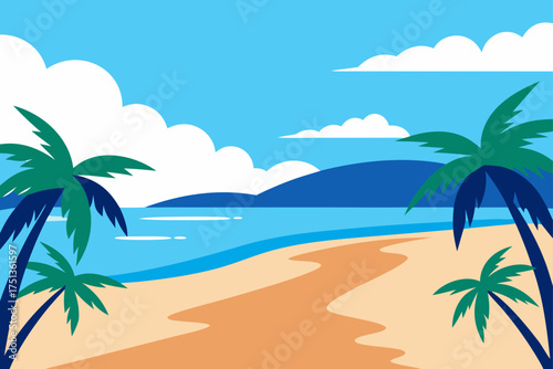 Illustration of tropical beach with palm trees day