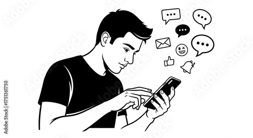 Young man engrossed in his smartphone, surrounded by digital communication icons.