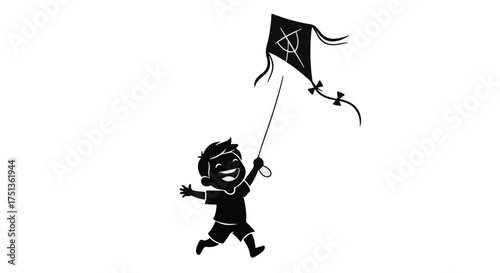 Joyful child running with a kite against a white background