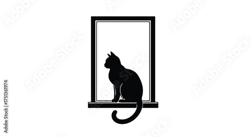 Black cat sits silhouetted in a window frame, gazing outwards.