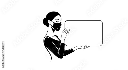 Woman in face mask holds blank sign for health information or message