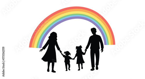 Joyful family silhouette holding hands under a vibrant rainbow, symbolizing hope and unity.