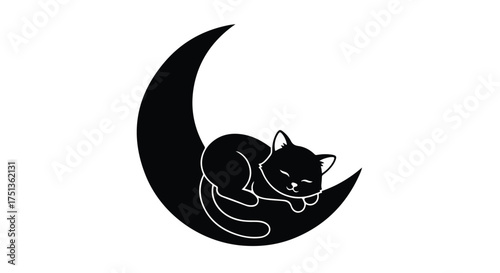 Peaceful black cat sleeping soundly on a crescent moon under the night sky.