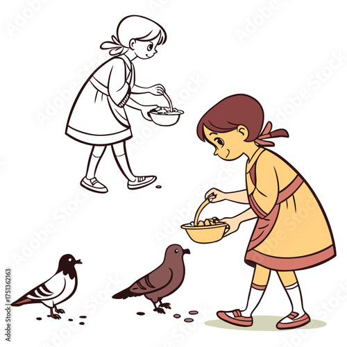 Young girl feeds pigeons from basket showing outline and full color art styles isolated on transparent background