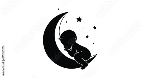 Peaceful baby sleeping soundly on a crescent moon under starry night sky