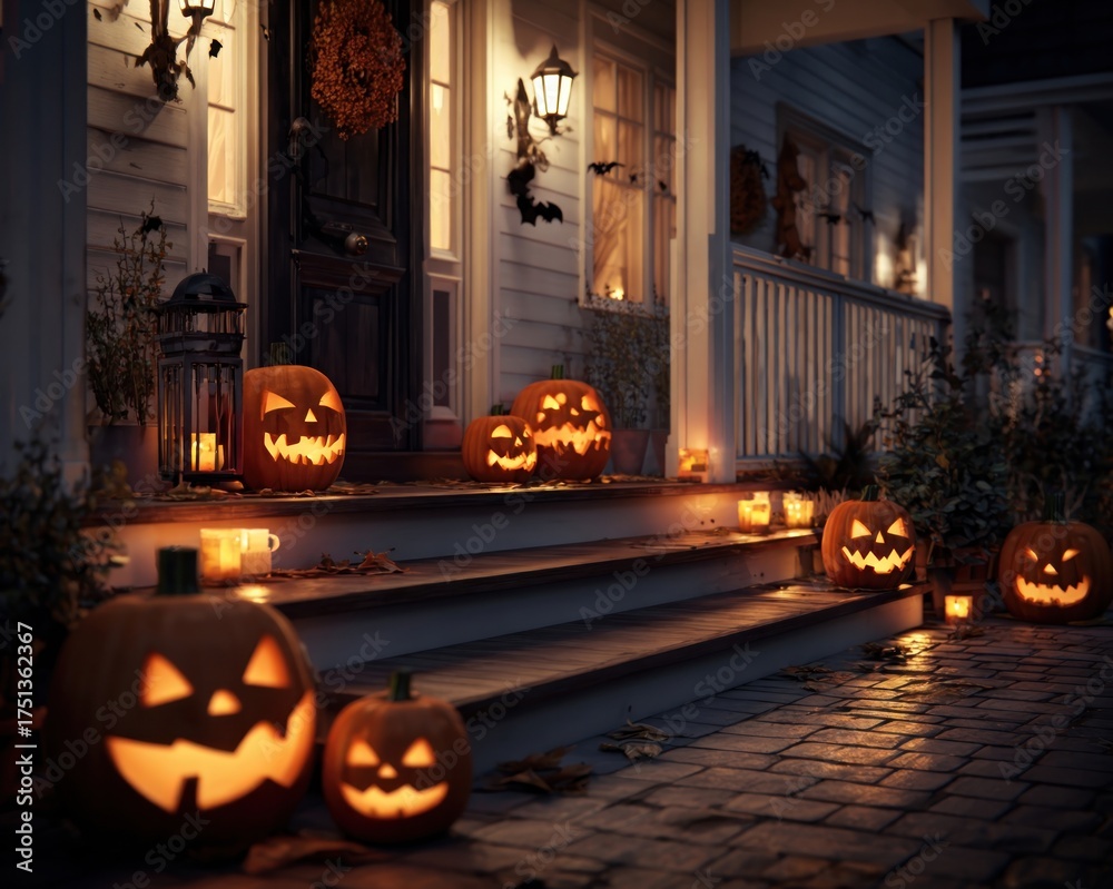 Obraz premium Halloween Pumpkin Jack O' Lanterns lighting up a decorated front porch, 3d Illustration