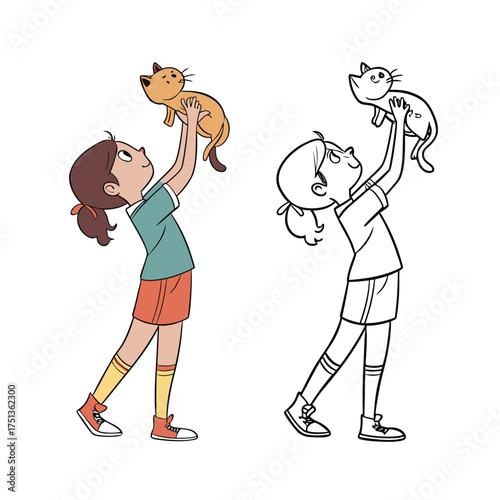 Joyful young girl holding up adorable puppy celebrating happiness and love isolated on transparent background