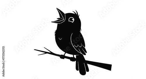 Whimsical black bird singing joyfully on a bare branch