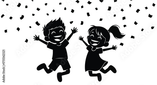 Joyful children celebrating with confetti falling around them