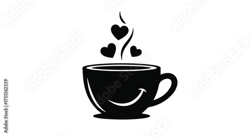 Warm cup of coffee with smiling face and hearts, radiating love and comfort.