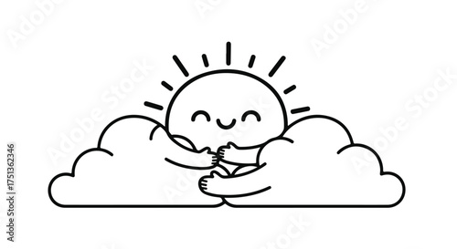 Joyful sun character peeking from behind fluffy clouds with a happy smile