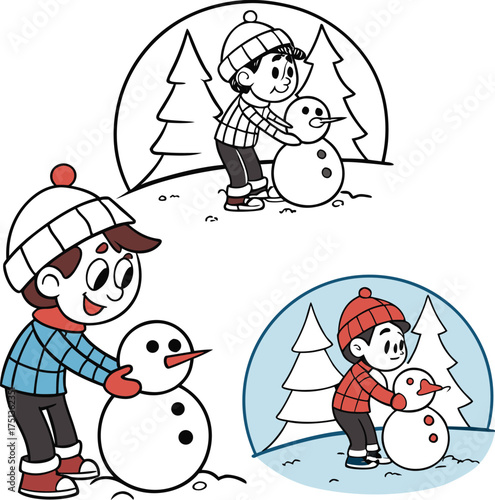 Whimsical winter scene with child playing in snow against moonlight and pine trees isolated on transparent background