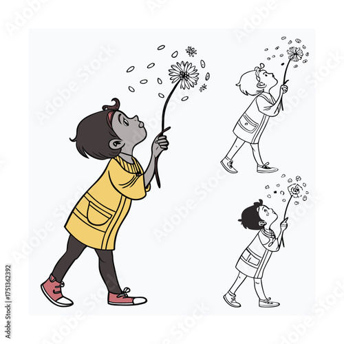 Young boy blows dandelion seeds wishing for dreams in whimsical cartoon style isolated on transparent background