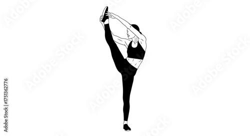 Athletic woman performing a high leg stretch, demonstrating flexibility and strength.