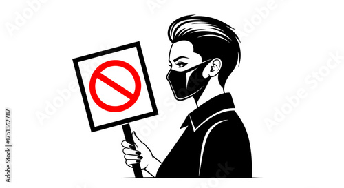 Person wearing mask holds sign with prohibition symbol during protest