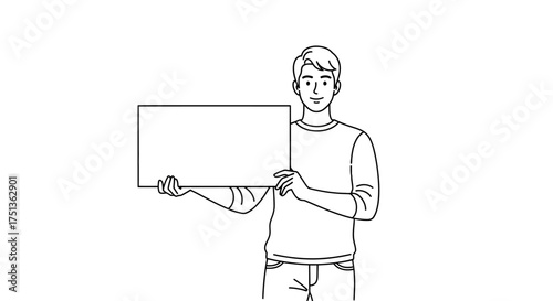 Young man holding an empty sign board, ready for your message