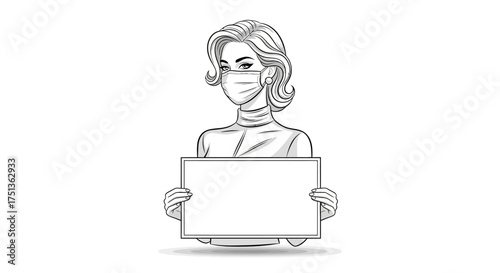 Stylish woman in face mask holds blank sign in vintage illustration style